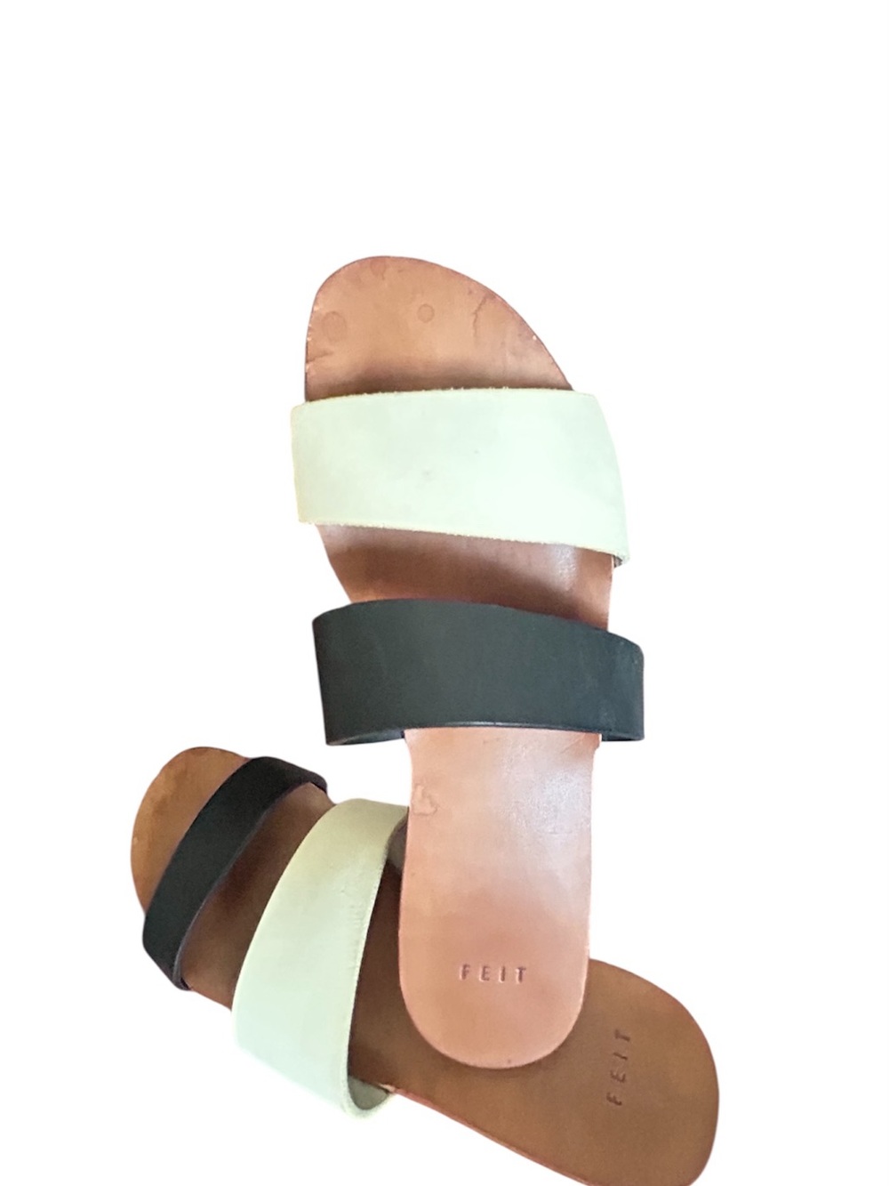 FEIT Two-Band Leather Slide Sandals in cream and black Sz 37